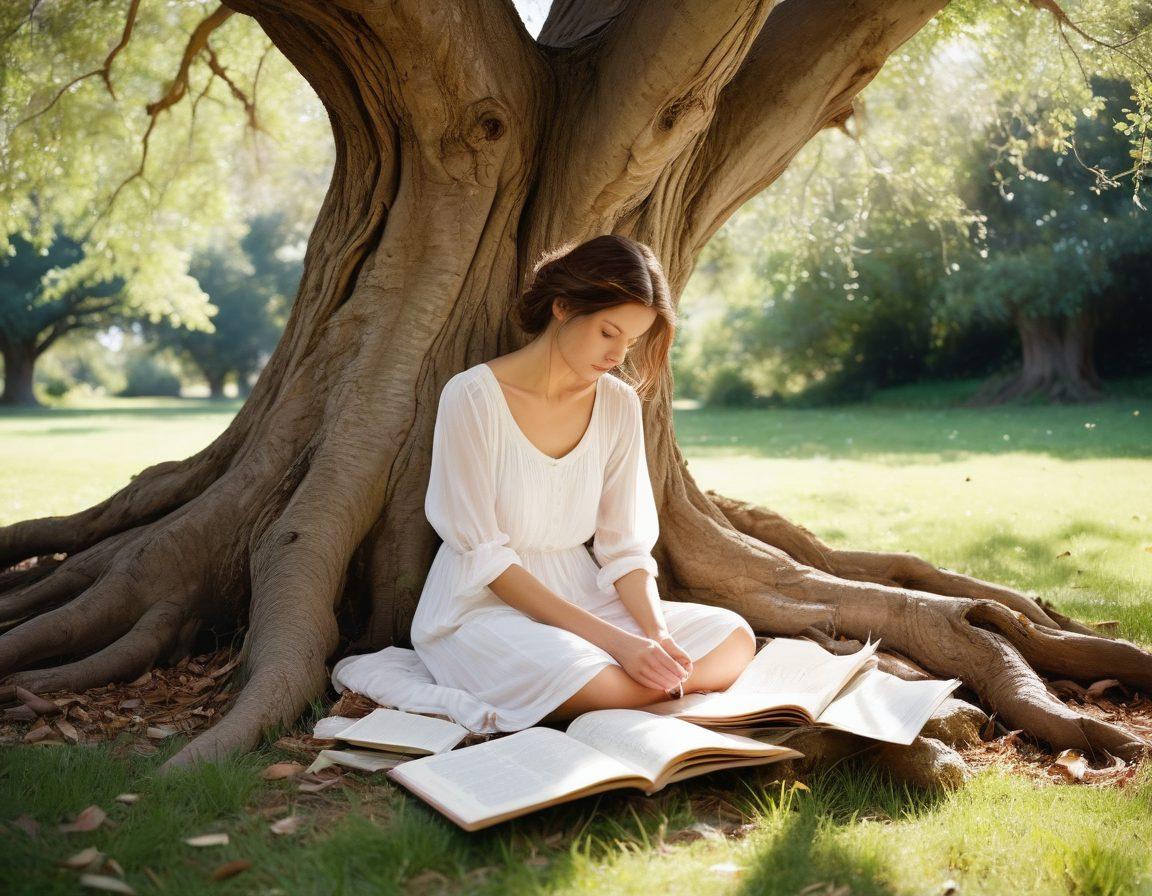 A somber yet hopeful scene depicting a woman writing in a journal under a tree, surrounded by fading photographs and scattered pages of poetry. The background features ethereal wisps of memory, symbolizing collective remembrance, while soft light filters through the leaves, casting gentle shadows. This image captures the essence of emotional narratives weaving through personal and shared experiences. watercolor painting. muted colors. dreamy atmosphere.