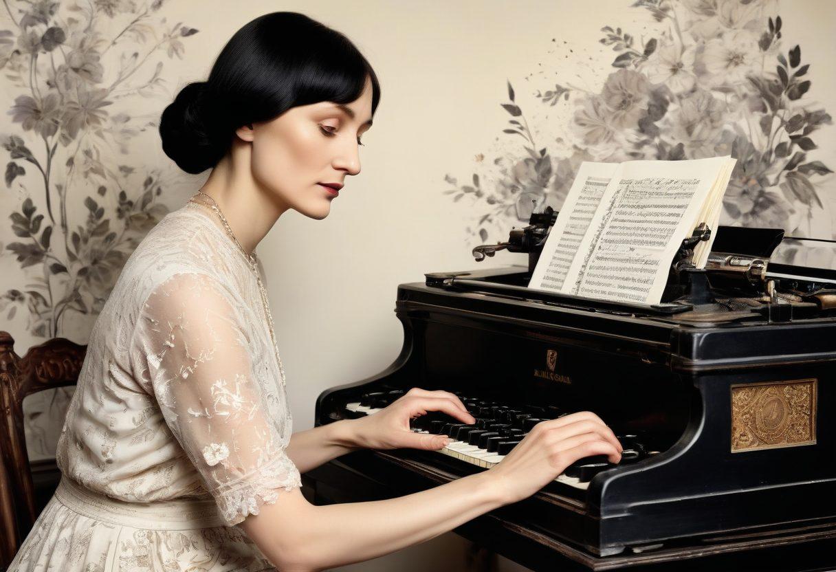 A serene portrait of Anna Akhmatova, surrounded by ethereal elements representing her poetry, such as flowing quill pens and ink splashes. Include symbolic motifs of 20th-century Russian literature, like a vintage typewriter and delicate floral patterns signifying femininity. Soft light illuminating her figure, creating a contrast between the shadowy literary world and her radiant voice. Emphasize a nostalgic yet powerful atmosphere. painterly style. muted tones.