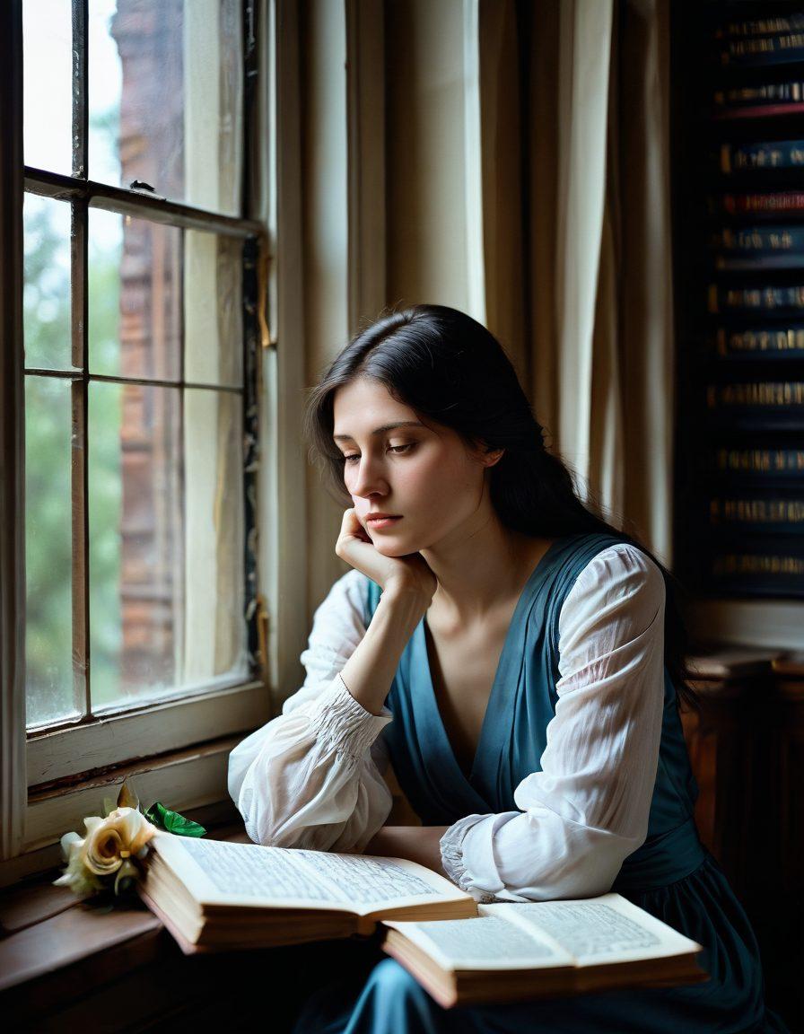 A contemplative woman sitting by a window, surrounded by scattered pages of poetry, with tears in her eyes reflecting the depth of sorrow. Shadows play softly across her face, symbolizing the haunting echoes of Anna Akhmatova's words. The background features iconic elements of Russian literature, like books and quills, intertwined with flowers to represent beauty and loss. moody atmosphere. super-realistic. muted colors. soft lighting.